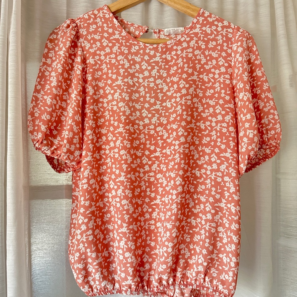 Floral Puff Sleeve Top - Coral and White